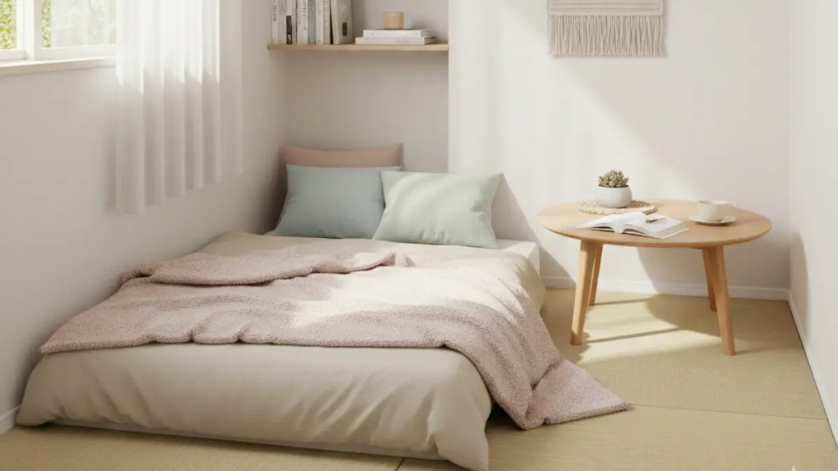 4畳 部屋 レイアウト 女性向けのやさしい配色と低家具の配置例