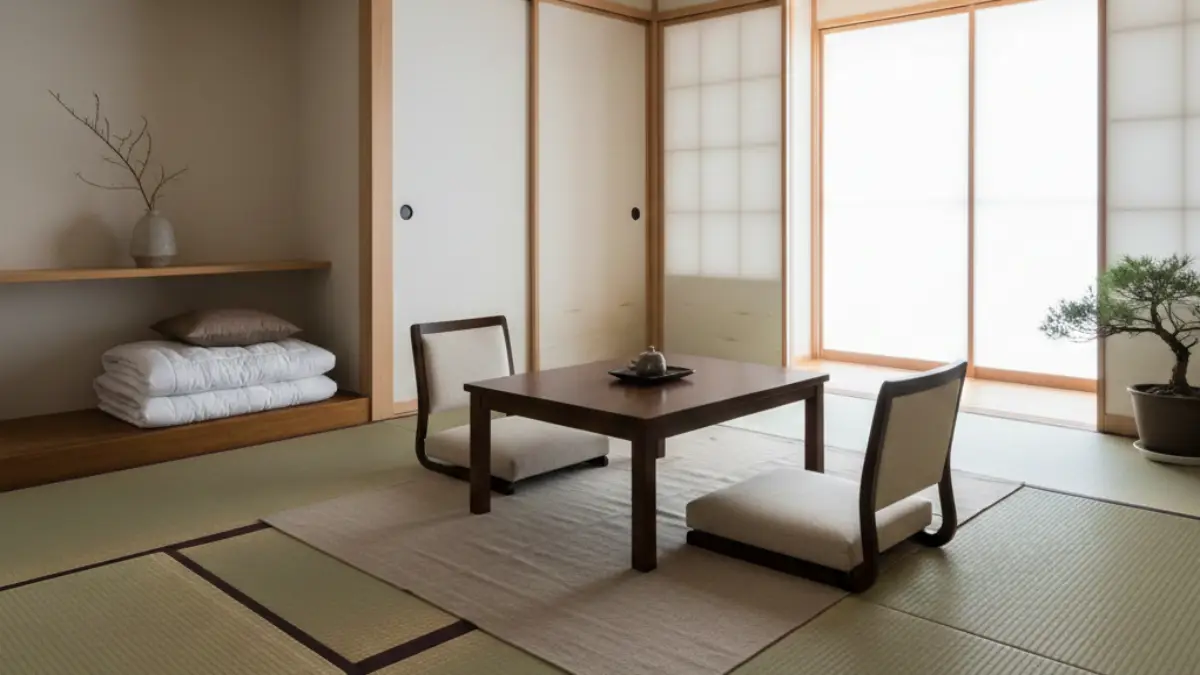 4畳の狭い部屋でベッドを置かず布団と低家具で広く見せたレイアウト例