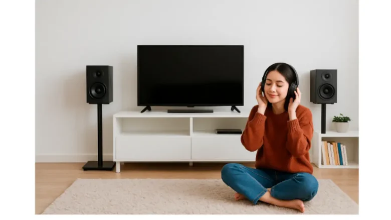 6畳のオーディオレイアウトを楽しむ20代女性、フローリングの床と白い壁の部屋でくつろぐ様子