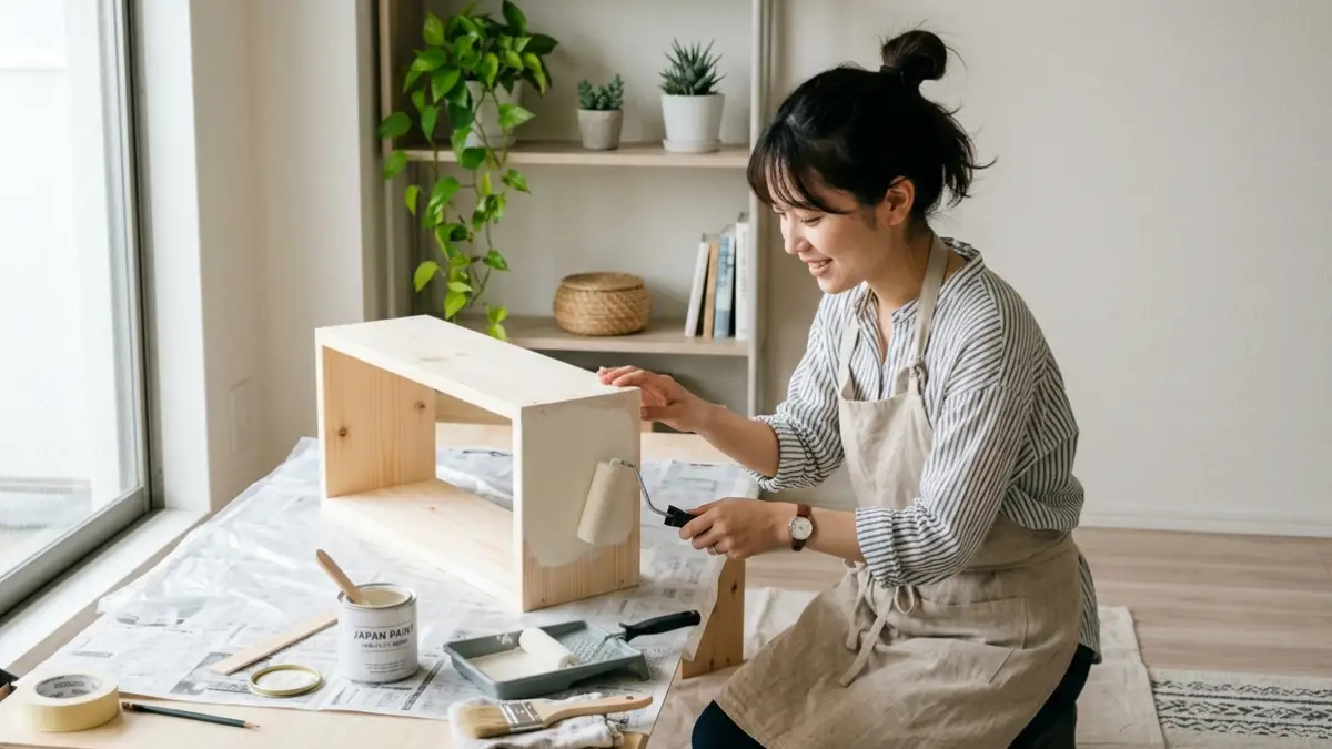 家具 塗り替え DIYで水性ペンキを使って木製家具を塗装する作業