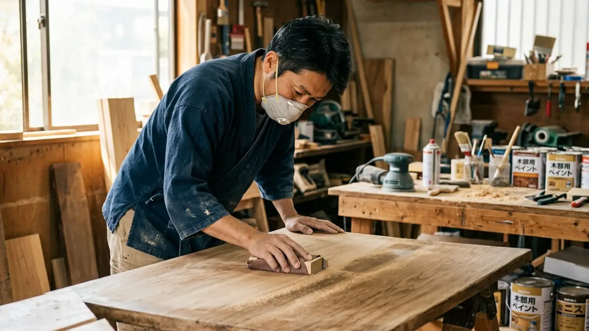 家具 塗り替え 下地処理としてサンドペーパーで家具表面を研磨する作業