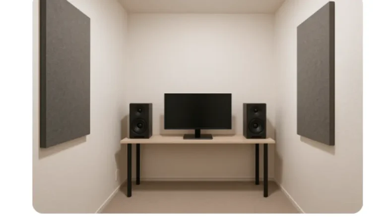 狭い白い部屋に設置された、中央モニターと両サイドに配置された黒いスピーカー、シンプルな木製デスク