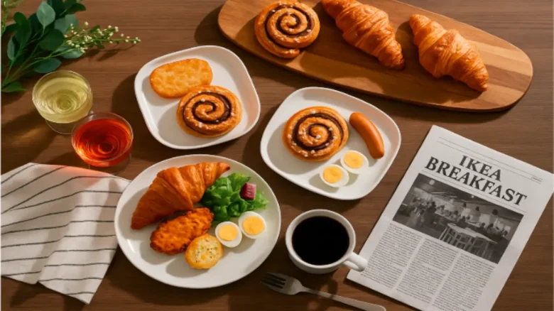 IKEAのクロワッサンやシナモンロール、朝食プレートが並ぶモダンな朝食テーブル