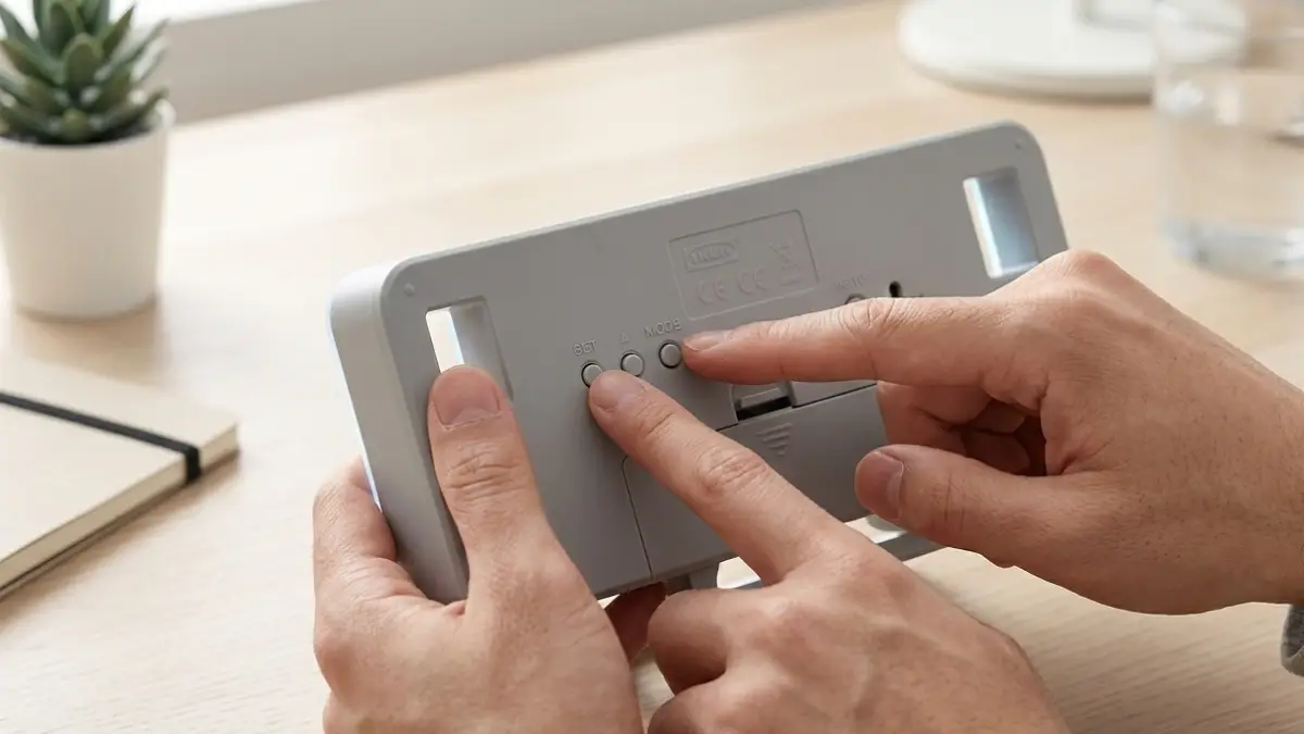 IKEA時計の設定ボタン操作 IKEAデジタル時計のSETボタンとMODEボタンを押して時間設定をしている手元