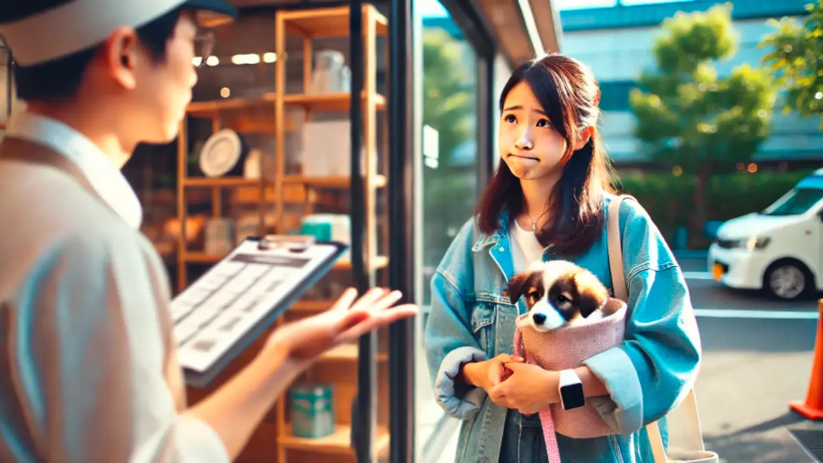 日本のホームセンター風店舗でペット連れの若い女性が入店を断られる様子