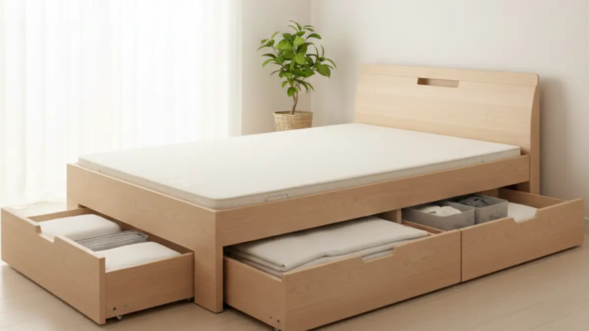 ベッド下収納の湿気リスク ベッド下収納を開けた状態の湿気リスクイメージ(通気性不足で湿気がこもる)