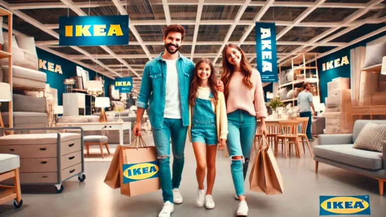IKEAでショッピングを楽しむ20代の夫婦と10代の女の子の家族