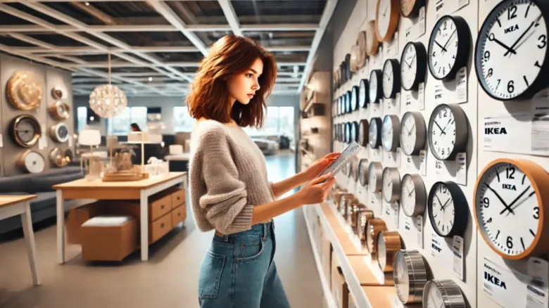 alt="IKEAの店舗で壁掛け時計を見ている20代の女性"