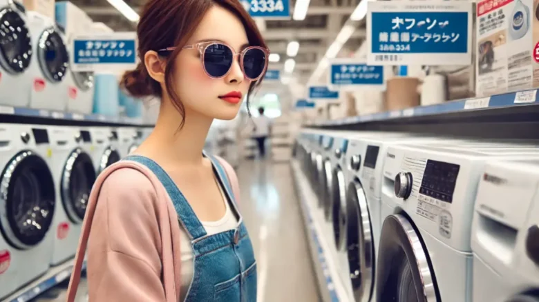 サングラスをかけた若い女性がニトリ風の家電売り場で洗濯機を見ている様子※ニトリ洗濯機