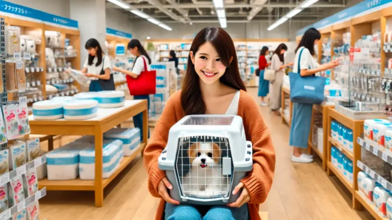 ペットをゲージに入れてルールを守りながらショップで買い物を楽しむ20代女性