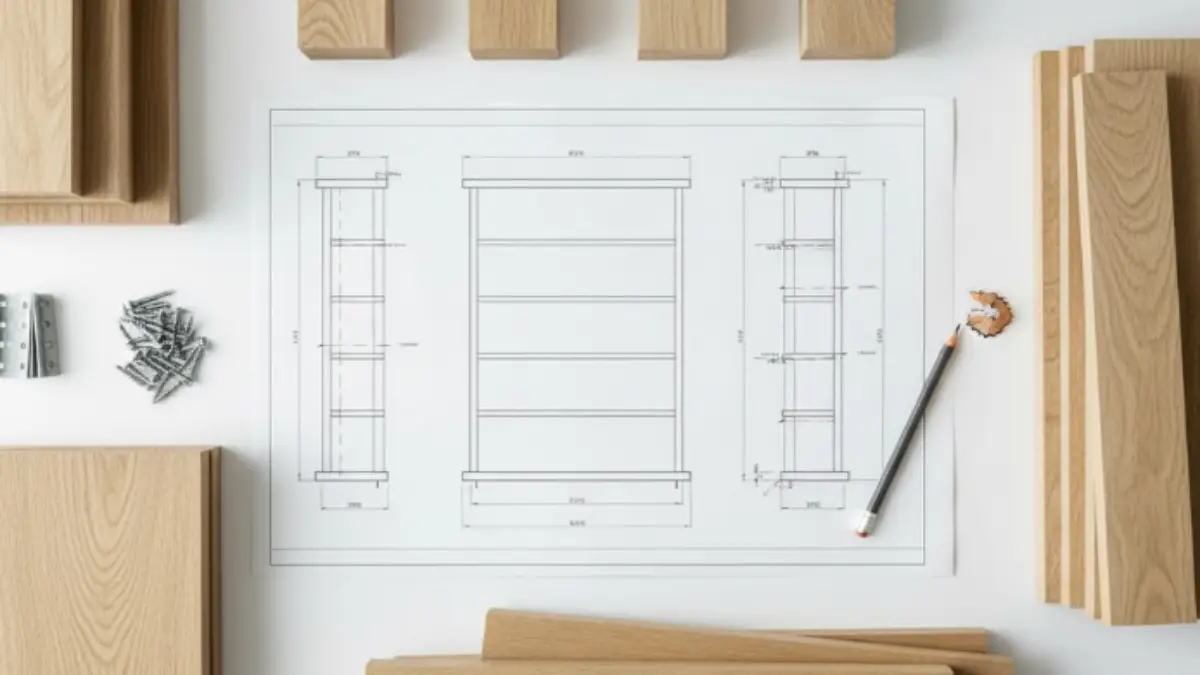 本棚DIYの設計図と木材・工具を揃えたトップビューのイメージ