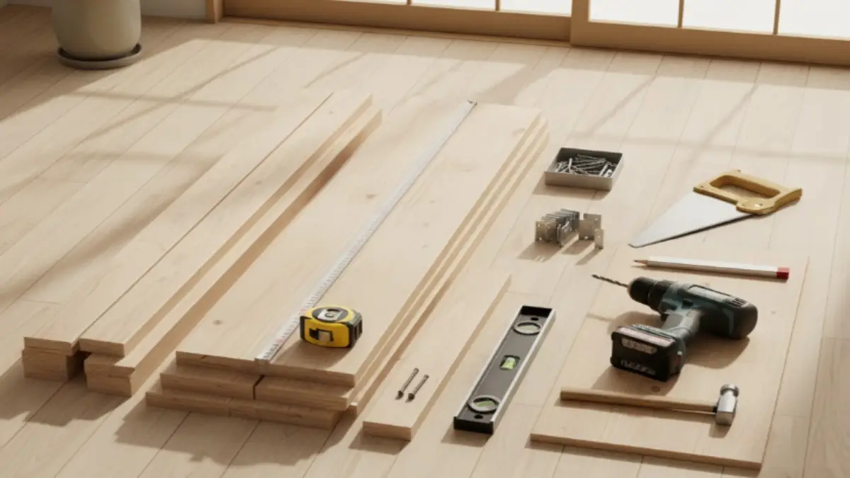 DIY本棚づくりに必要な木材・工具・金具を並べた作業スペースのイメージ