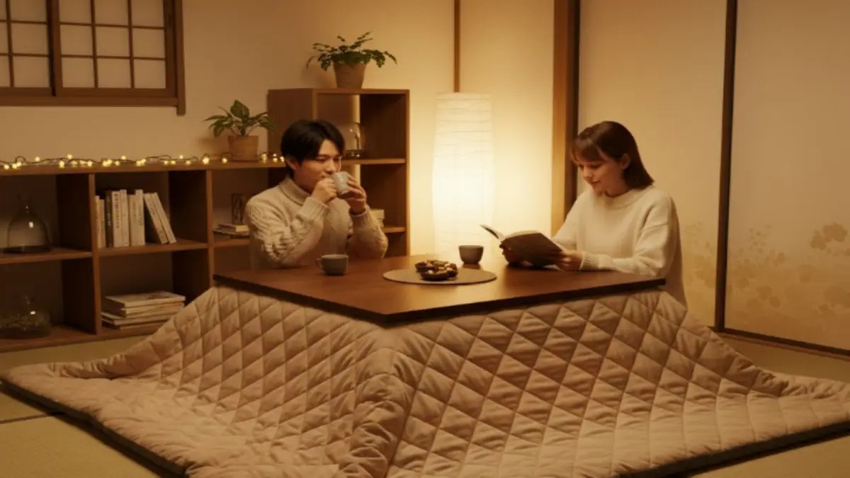 後付けヒーターでこたつ化したテーブルを使った冬の省エネ暖房イメージ。暖かい光が足元を包むリビングシーン。