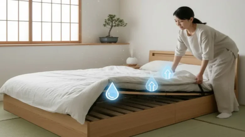 収納付きベッドのマットレスを立てかけて湿気を逃がす女性の様子