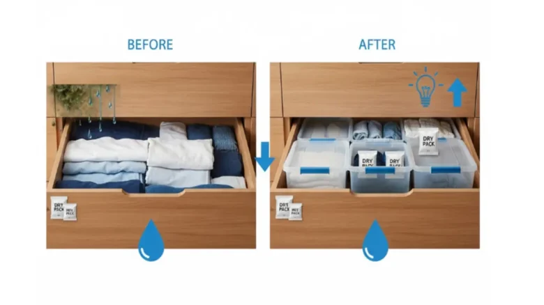 ベッド下収納の湿気によるカビ発生と除湿剤で改善した比較図