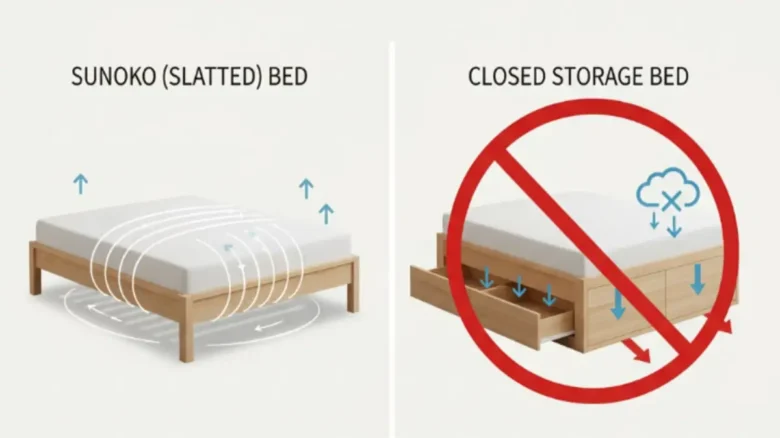 すのこベッドと収納付きベッドの通気性を比較する図解
