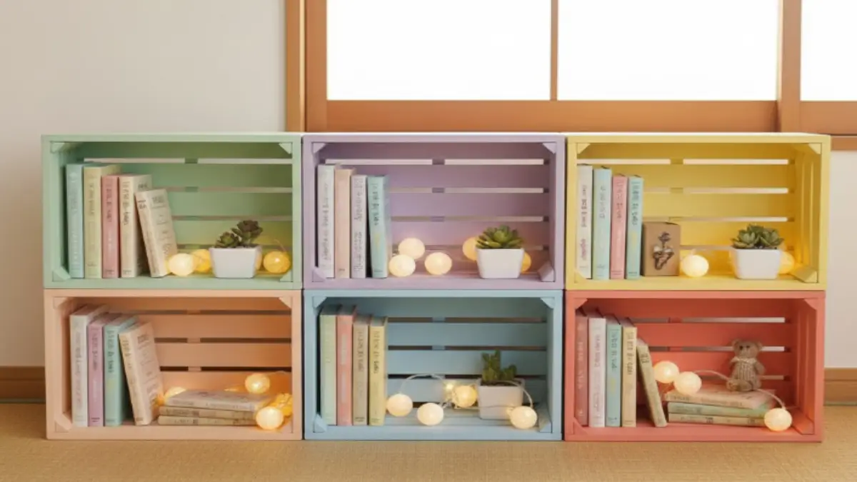 完成した木製本棚とDIY工具を並べたインテリア風イメージ