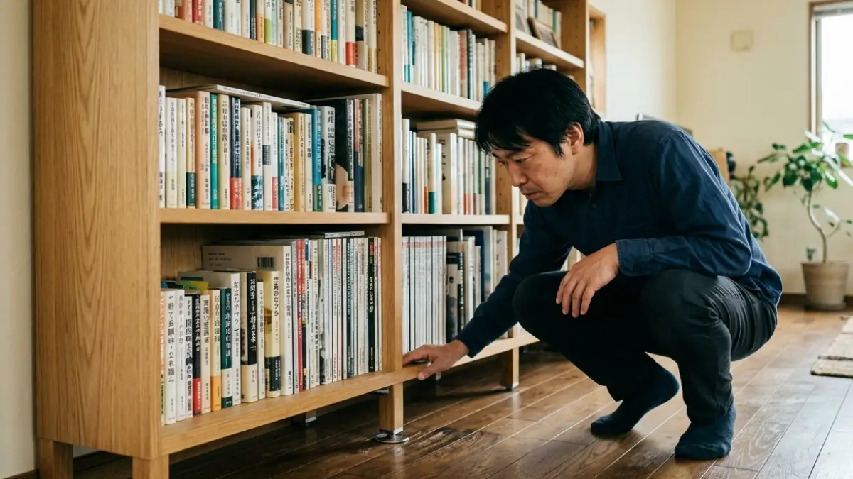 本棚 床 抜ける 原因となる荷重集中を確認する日本人男性