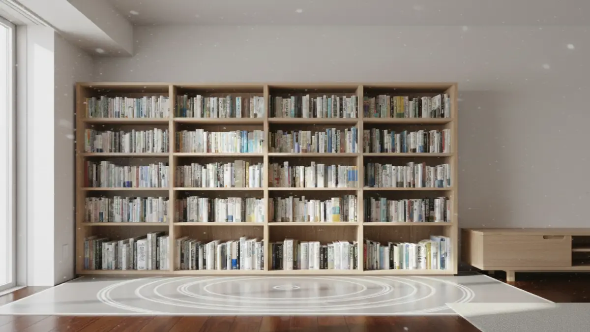 2階の部屋で重い本棚が床に負担をかけている様子