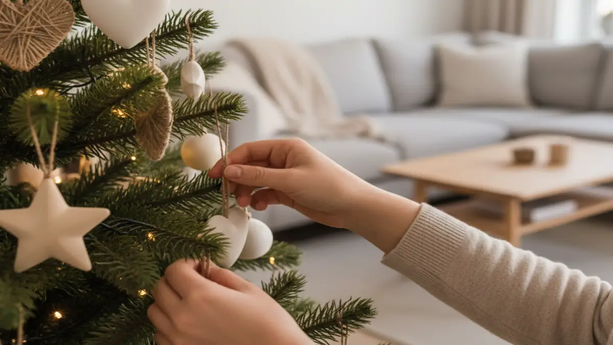 IKEA人工ツリーの飾り付け例 IKEAの人工クリスマスツリーを北欧風に飾った室内イメージ