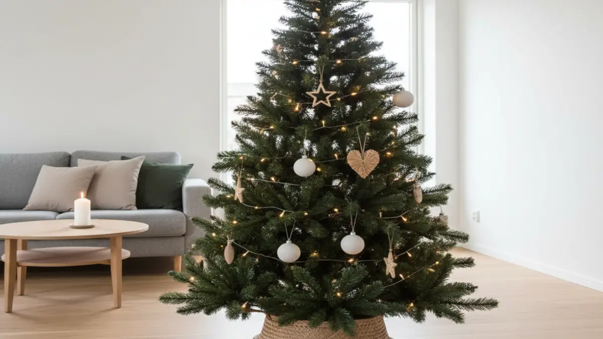 IKEAツリースタンドで安定設置 IKEAのツリースタンドで生木ツリーを固定し給水できる設置イメージ