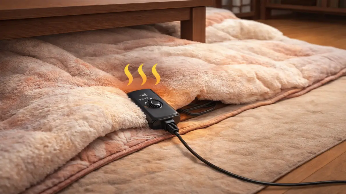 こたつのスイッチと電源コードが布団の近くにあり発熱しやすい状況のイメージ