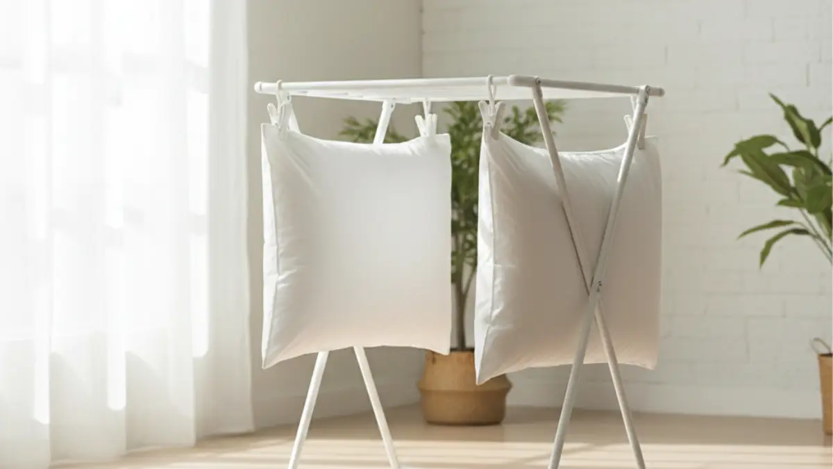 風通しの良い場所でニトリの枕を乾燥させているイメージ