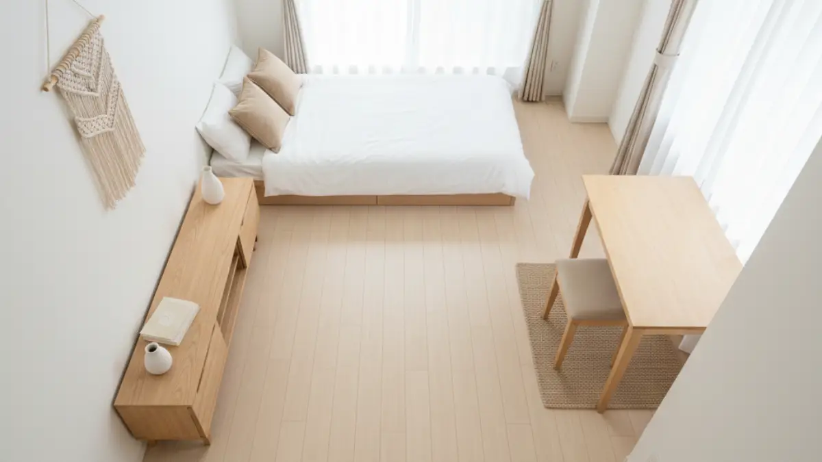 家具を壁沿いに配置し中央に余白を残した6畳レイアウト例