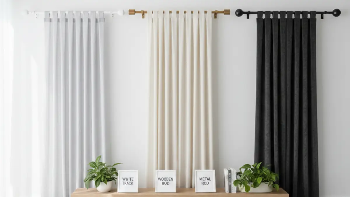 カーテンレール種類の比較 木目調やシンプルタイプなどカーテンレール種類を比較したイメージ