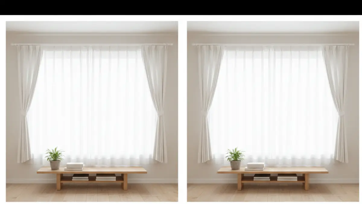 カーテンレールの余白サイズ比較 窓幅ぴったり設置と左右に余白を取った設置を比較したカーテンレール図