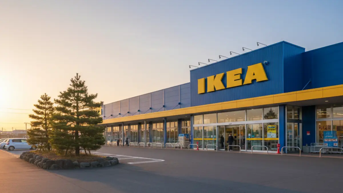 朝の時間帯に開店直後のIKEA店舗外観。IKEAモーニングが成立するか判断するイメージ