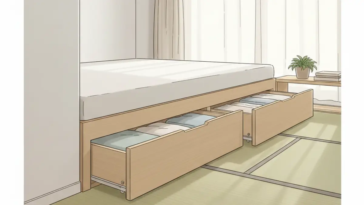 壁に近くて引き出しが開かず、収納付きベッドが使いにくくなる例のイメージ