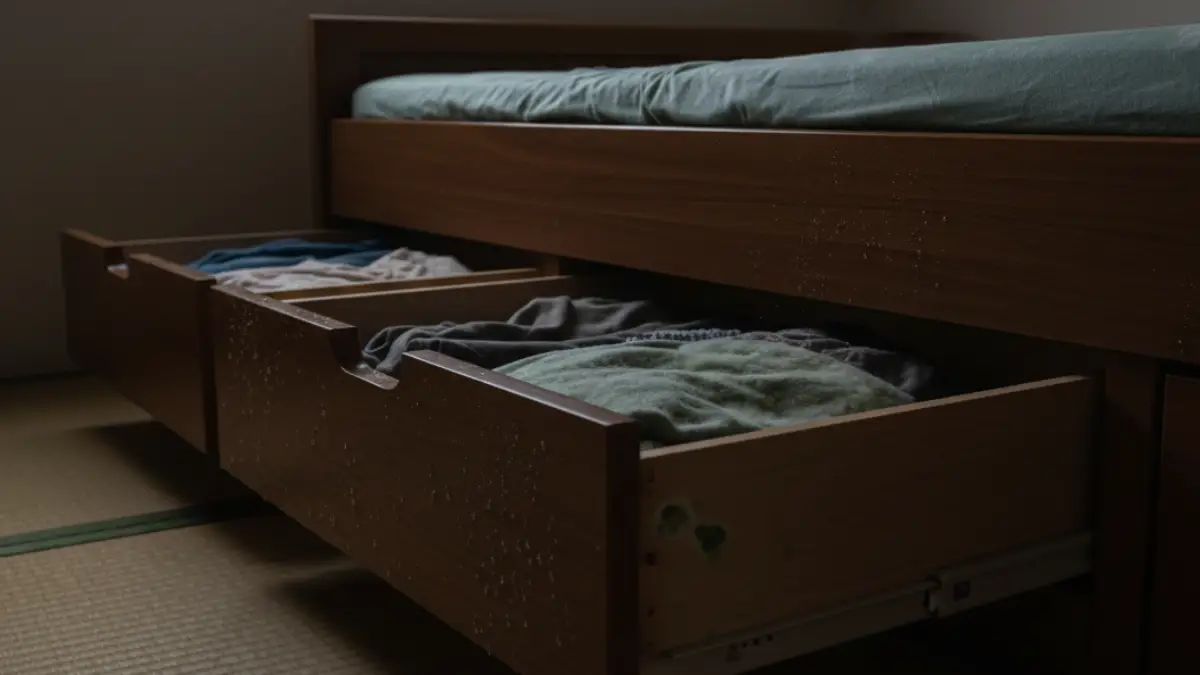 収納付きベッドの湿気とカビ問題 収納付きベッドに湿気やカビが溜まりやすい状態のイメージ