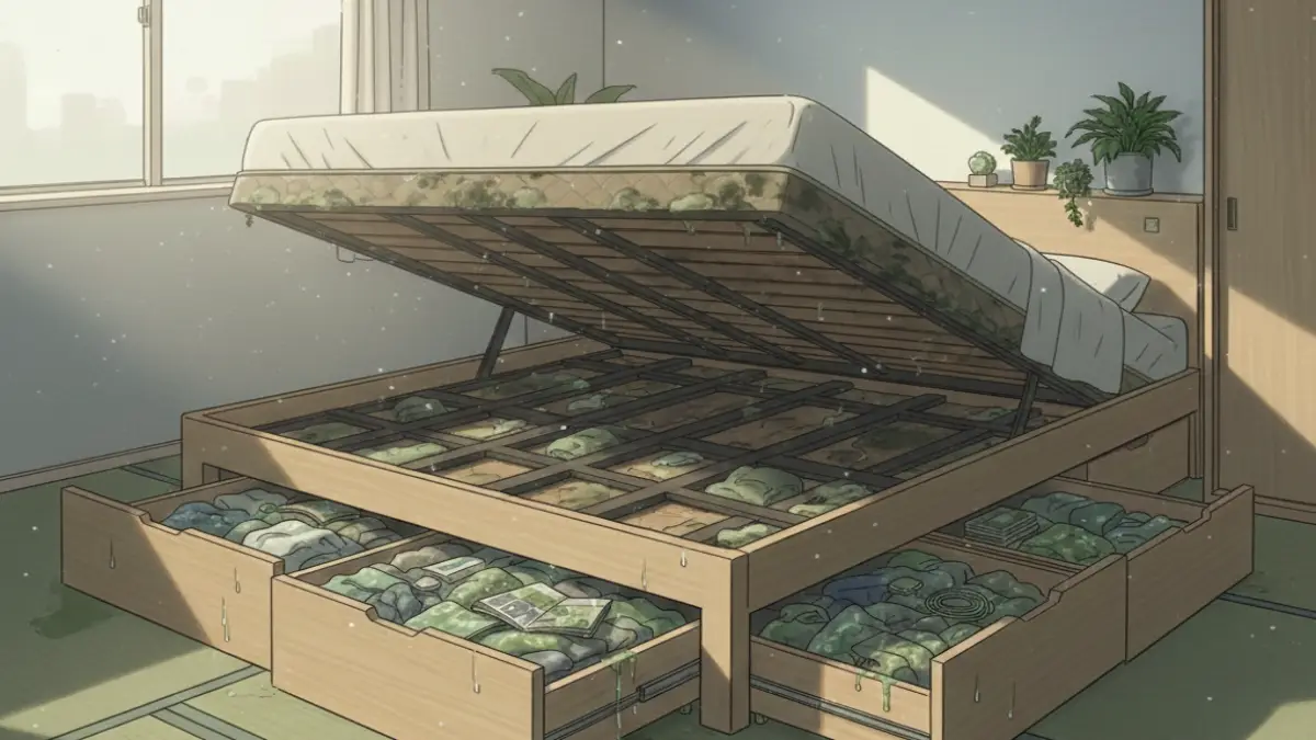 収納付きベッドの下に湿気がこもりやすく、通気性の対策が必要になるイメージ