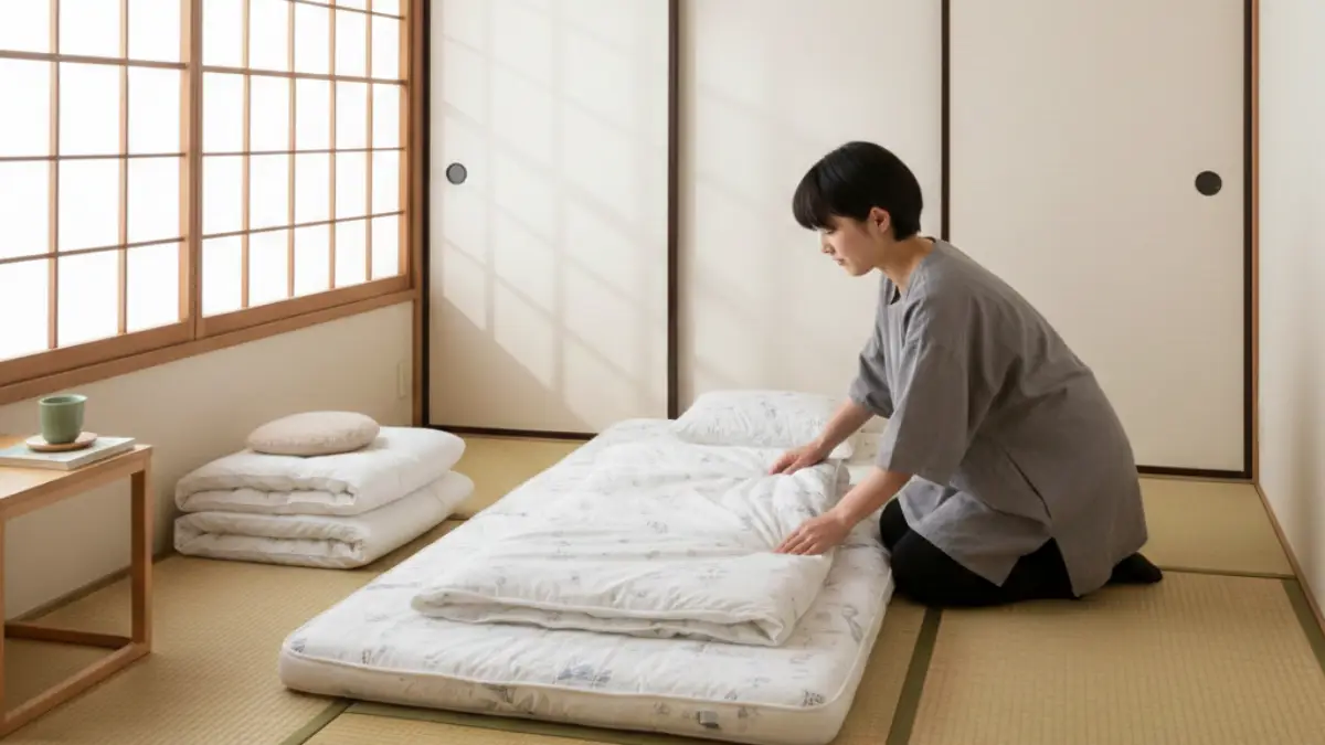 2畳に布団を配置したイメージ 2畳の部屋に布団を敷く日本人女性