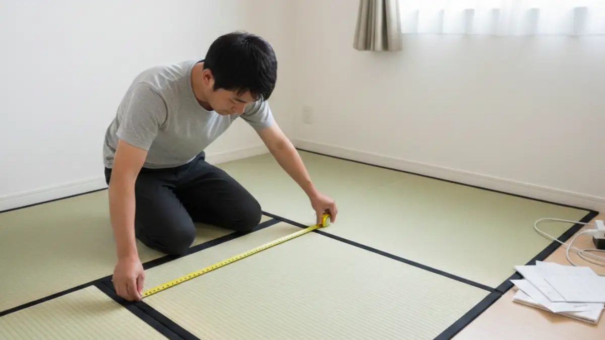 2畳の寸法を実測する様子 メジャーで2畳の縦横寸法を測る日本人男性