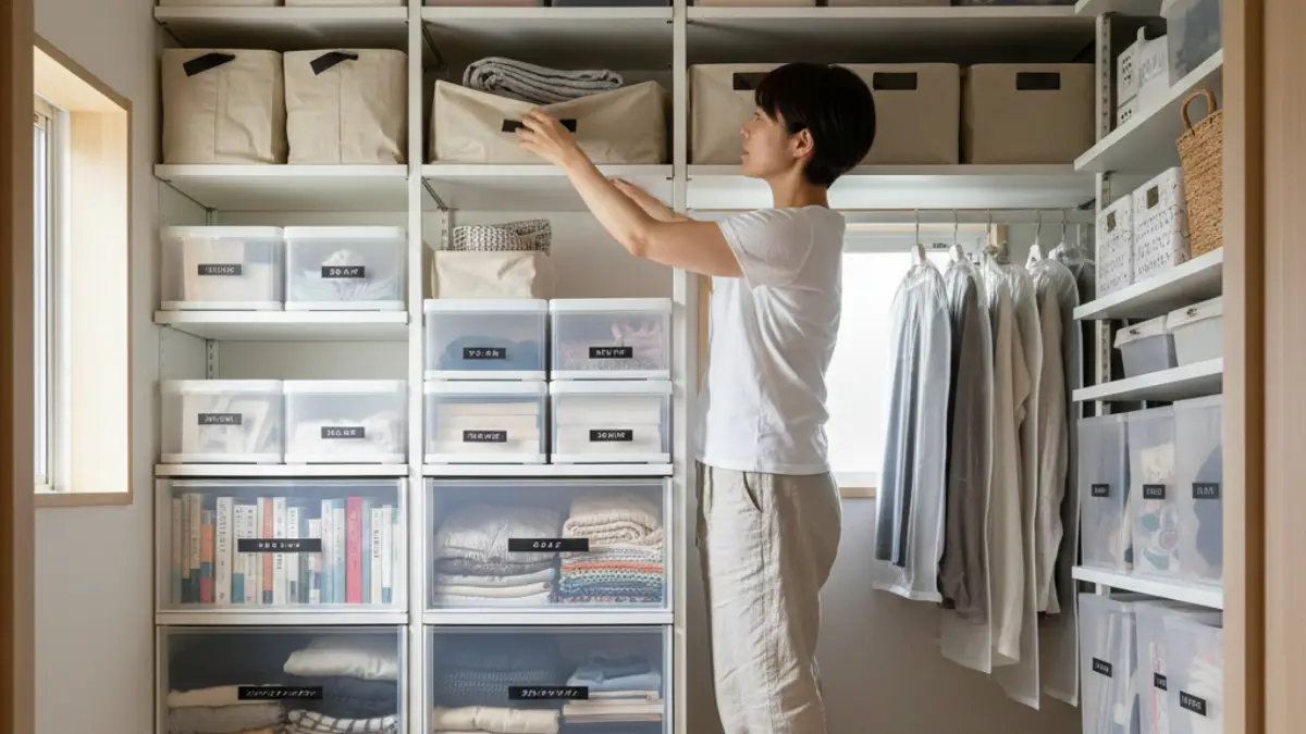 2畳収納スペースの活用例 2畳収納スペースでラック整理をする日本人女性