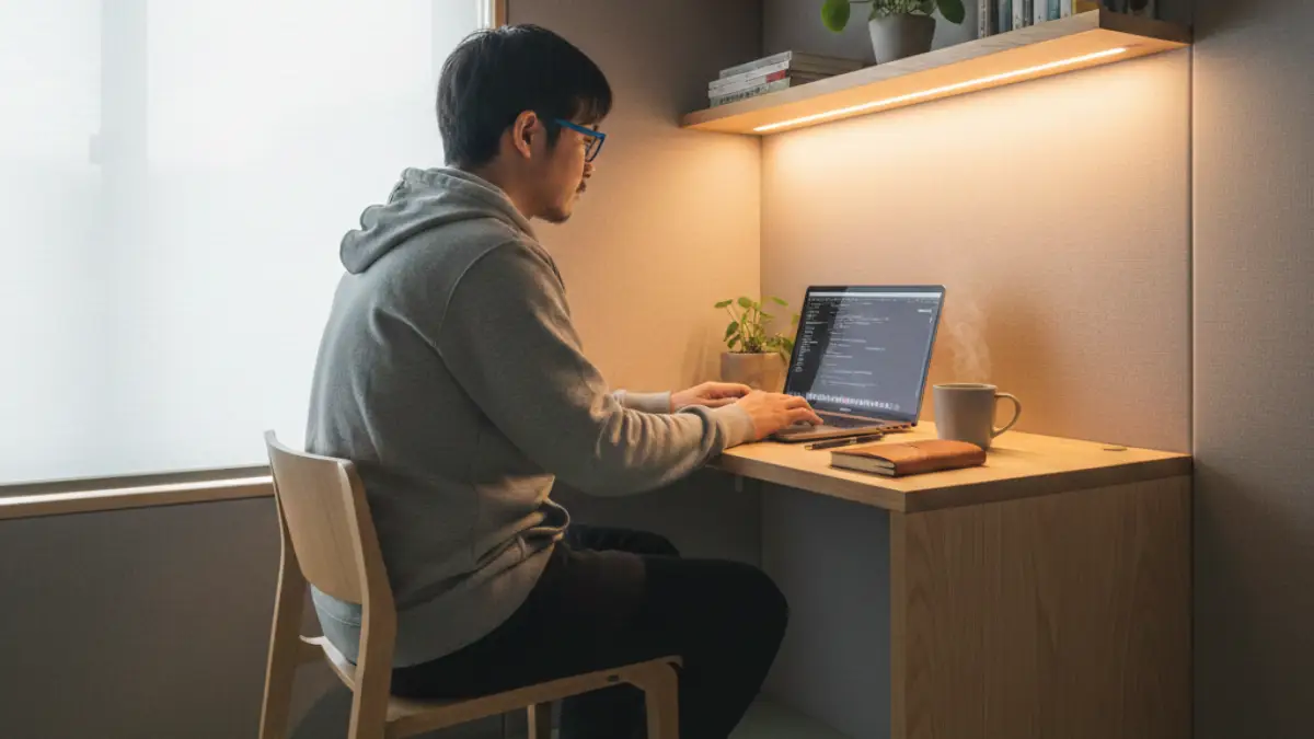 2畳書斎のレイアウト例 2畳の書斎で作業する日本人男性と省スペースデスク