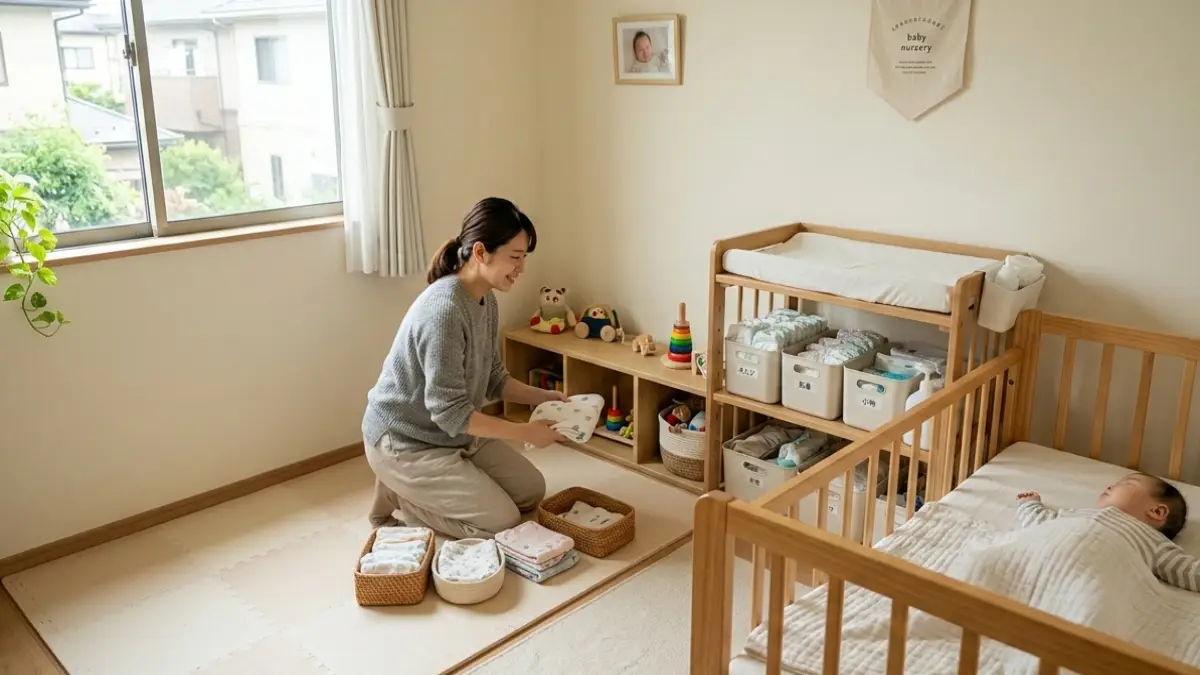 0歳の事故リスクを減らす部屋配置 安全に整理された寝床と床スペースの0歳赤ちゃん部屋