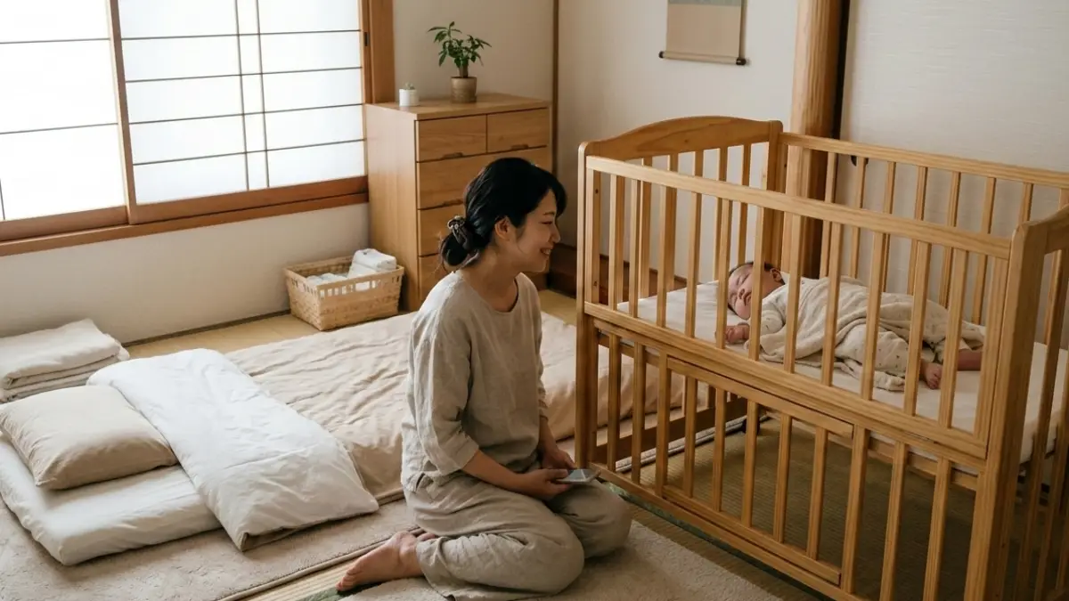 ベビーベッドと床寝の比較イメージ ベビーベッドと床寝環境を比較する赤ちゃん寝室