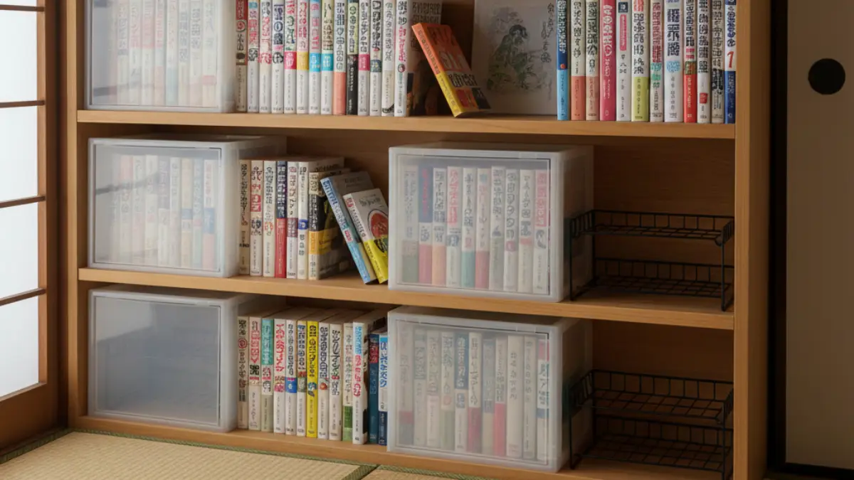 100均のコの字ラックや収納ボックスで奥の列を底上げした本棚2列収納の例