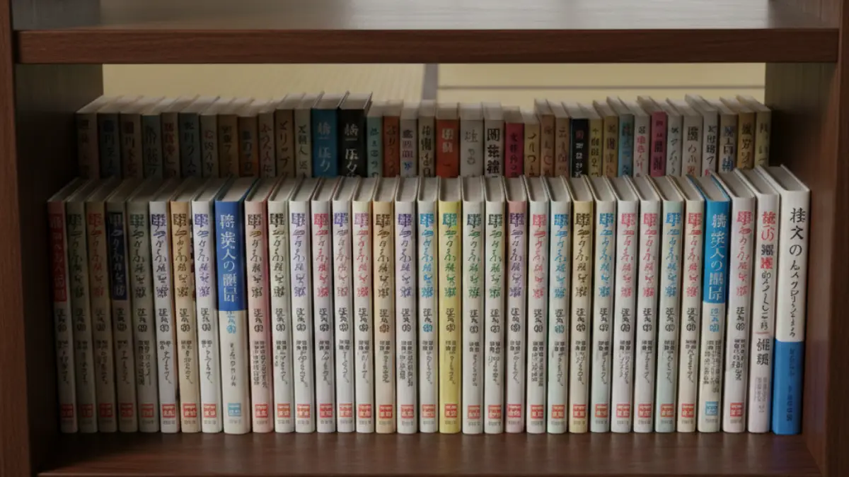 本棚を2列収納にしたことで手前の本が奥の背表紙を隠し、奥の本が見えない状態