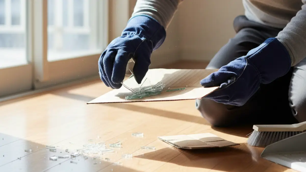 手袋を着けて厚紙で割れたガラス片を回収している様子