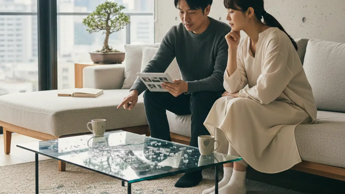 割れたガラステーブルの修理か買い替えかを相談している様子