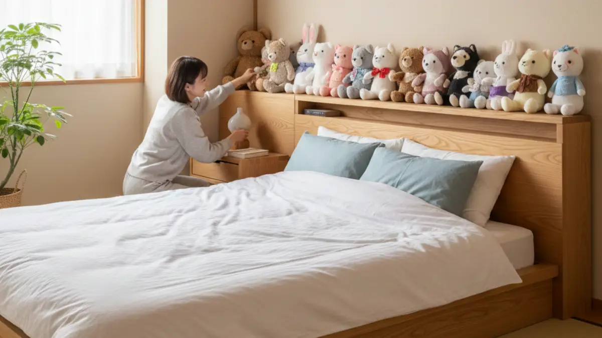 ベッドぬいぐるみ置き方の基本イメージ ベッドにぬいぐるみを配置した寝室のイメージ