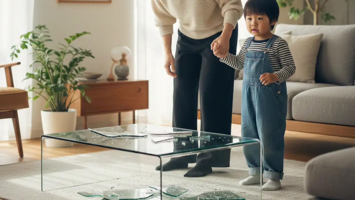 割れたガラステーブルの周辺から子どもを離して安全を確保している様子