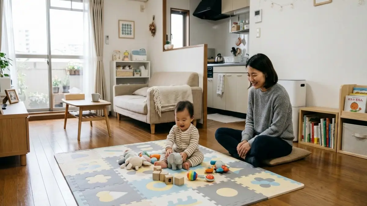 賃貸でもできる赤ちゃんスペース配置 ワンルームでゾーニングされた赤ちゃんプレイスペース