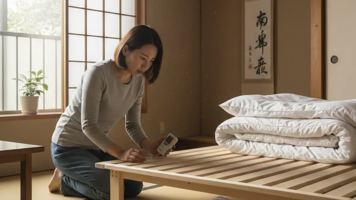 すのこベッドの湿気とカビ対策 すのこベッド下の湿気やカビを確認する日本人女性のイメージ