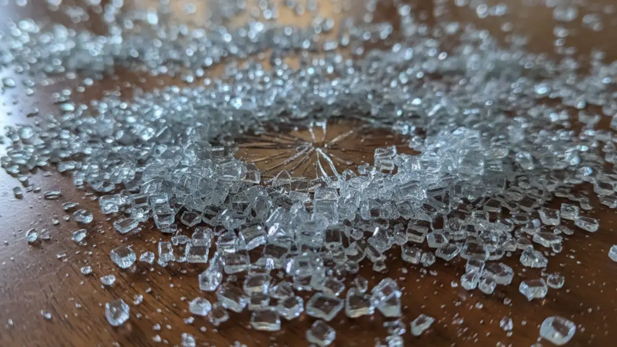 強化ガラスが粒状に砕けて広がっている状態のイメージ