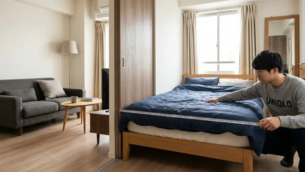 1LDKベッドとソファの寸法確認 1LDKでベッドとソファのサイズを確認する様子